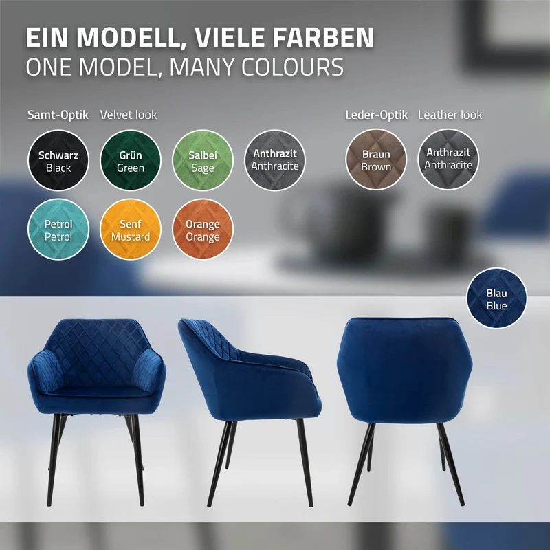 Esszimmerstuhl 2er Set Rauten Steppung mit Rücken- und Armlehnen Dunkelblau Küchenstuhl mit Microfaser-Samtbezug ML-Design