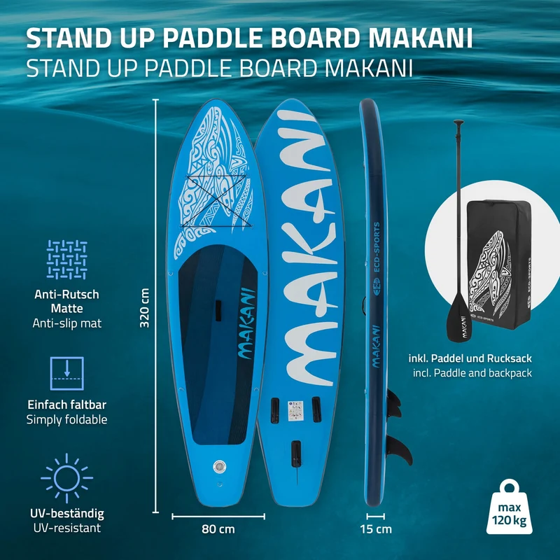 B-Ware Stand Up Paddle aufblasbares SUP Board Makani 320x80x15 cm in Blau aus PVC inkl. Pumpe und Tragetasche