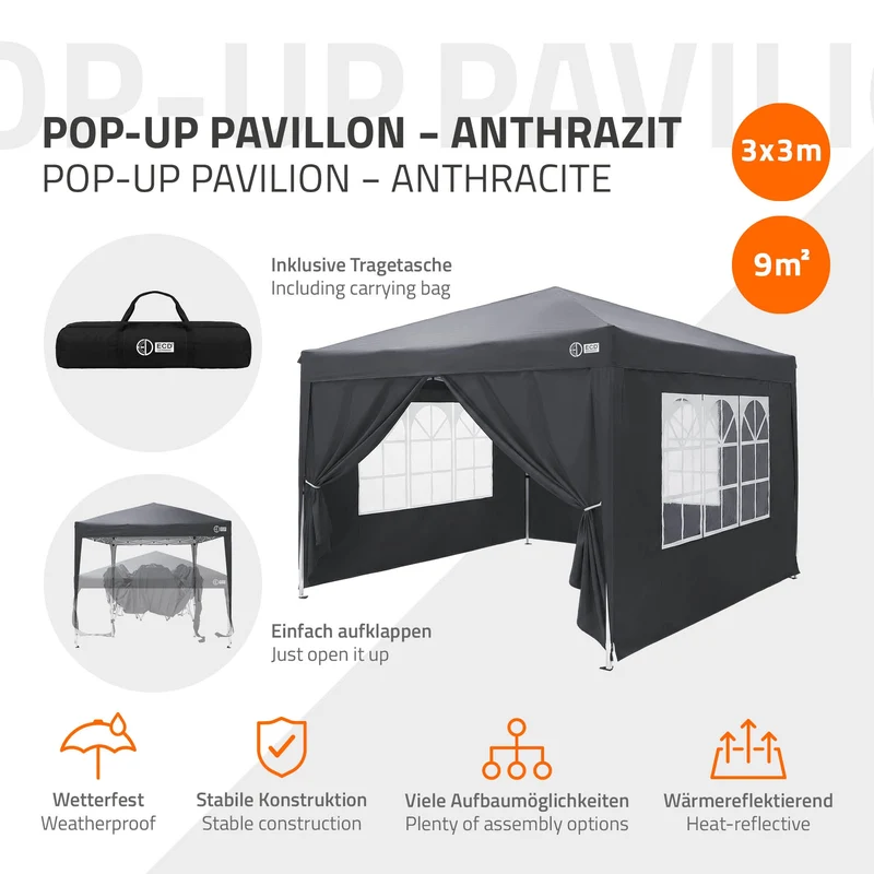 ECD Germany | Pavillon Pop Up B-Ware Wasserabweisend mit 6 Seitenwänden 3x3 m Polyester Oxford-Gewebe Anthrazit Faltpavillon Gartenpavillon Gartenzelt