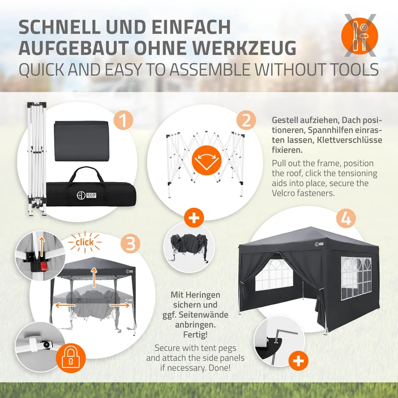 ECD Germany | Pavillon Pop Up B-Ware Wasserabweisend mit 6 Seitenwänden 3x3 m Polyester Oxford-Gewebe Anthrazit Faltpavillon Gartenpavillon Gartenzelt