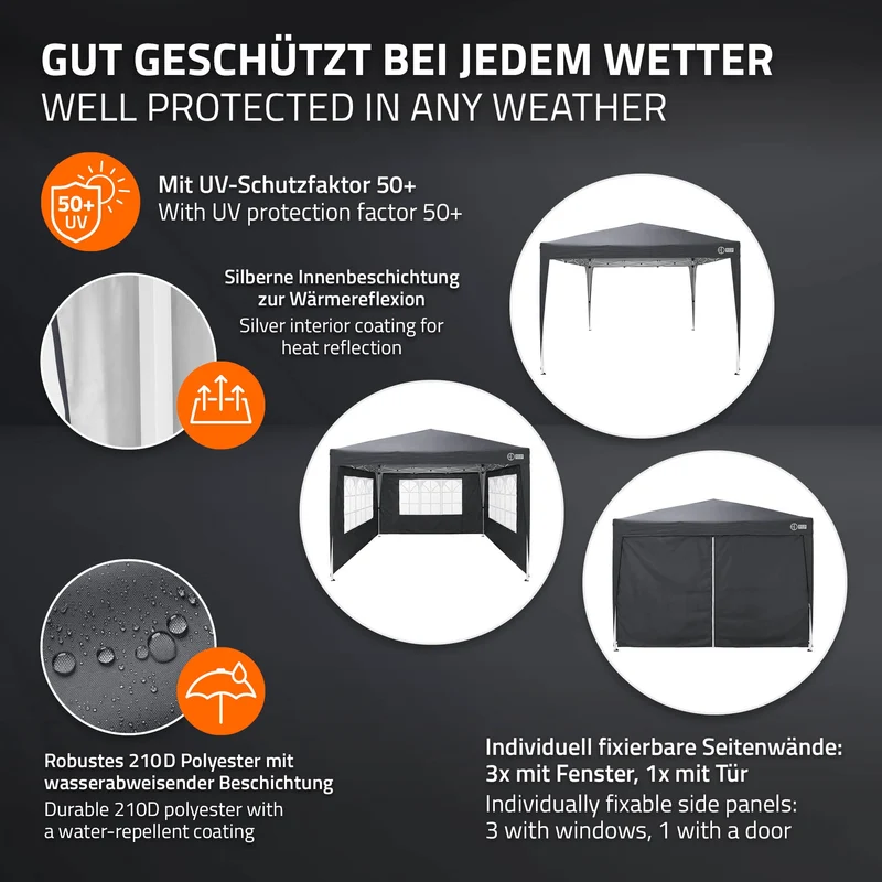 ECD Germany | Pavillon Pop Up B-Ware Wasserabweisend mit 6 Seitenwänden 3x3 m Polyester Oxford-Gewebe Anthrazit Faltpavillon Gartenpavillon Gartenzelt