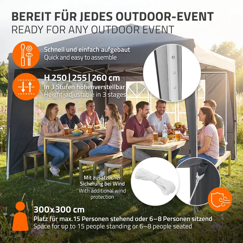 ECD Germany | Pavillon Pop Up B-Ware Wasserabweisend mit 6 Seitenwänden 3x3 m Polyester Oxford-Gewebe Anthrazit Faltpavillon Gartenpavillon Gartenzelt