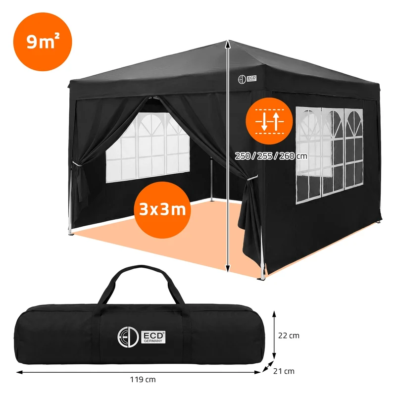 ECD Germany | Pavillon Pop Up B-Ware Wasserabweisend mit 6 Seitenwänden 3x3 m Polyester Oxford-Gewebe Anthrazit Faltpavillon Gartenpavillon Gartenzelt