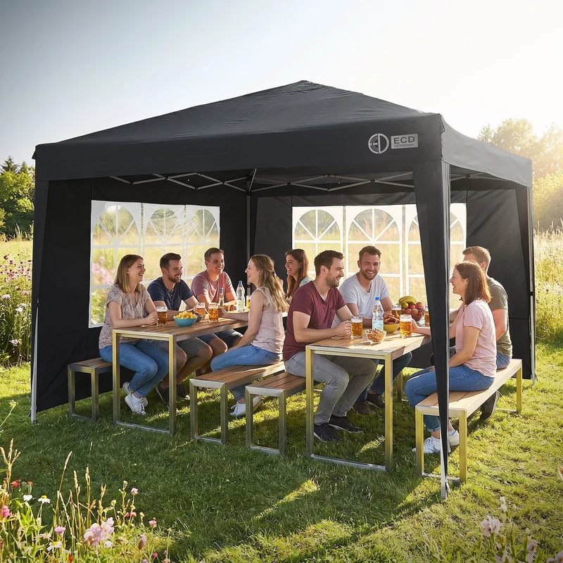 ECD Germany | Pavillon Pop Up B-Ware Wasserabweisend mit 6 Seitenwänden 3x3 m Polyester Oxford-Gewebe Anthrazit Faltpavillon Gartenpavillon Gartenzelt