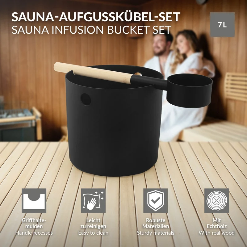 LuxeBath | Sauna Zubehör Set 2 tlg aus Aluminium Schwarz Saunaaufguss Set modern Aufgusseimer 7L mit Saunakelle Saunaeimer mit Schöpfkelle für Zuhause