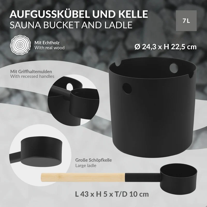 LuxeBath | Sauna Zubehör Set 2 tlg aus Aluminium Schwarz Saunaaufguss Set modern Aufgusseimer 7L mit Saunakelle Saunaeimer mit Schöpfkelle für Zuhause
