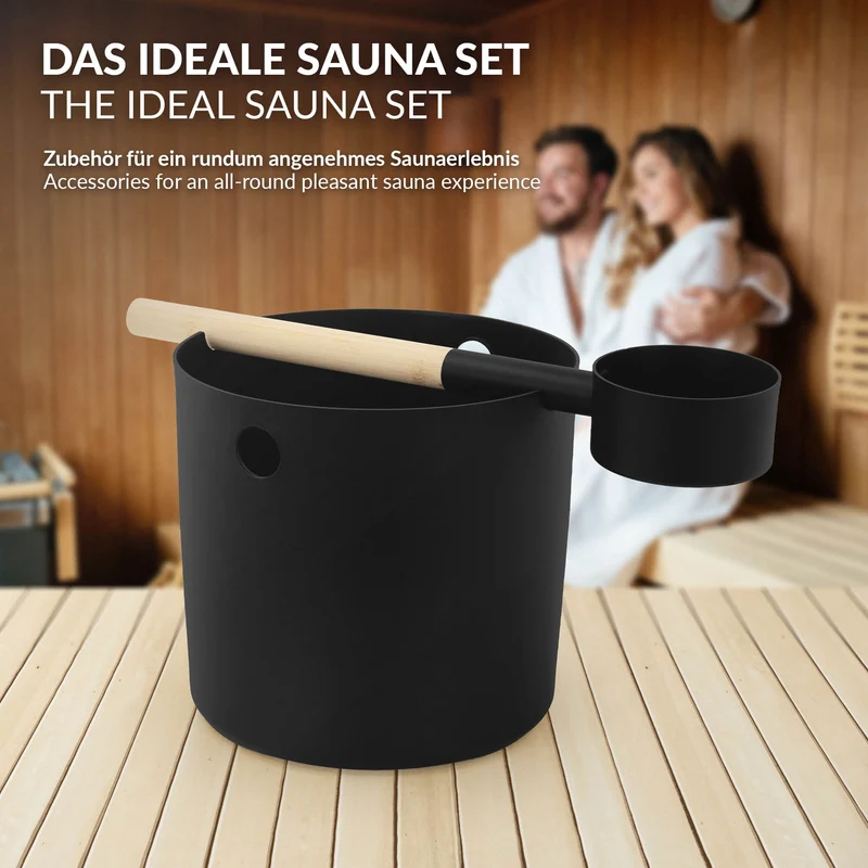 LuxeBath | Sauna Zubehör Set 2 tlg aus Aluminium Schwarz Saunaaufguss Set modern Aufgusseimer 7L mit Saunakelle Saunaeimer mit Schöpfkelle für Zuhause