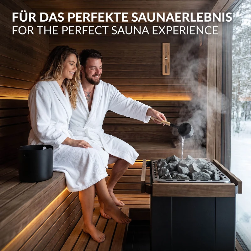 LuxeBath | Sauna Zubehör Set 2 tlg aus Aluminium Schwarz Saunaaufguss Set modern Aufgusseimer 7L mit Saunakelle Saunaeimer mit Schöpfkelle für Zuhause