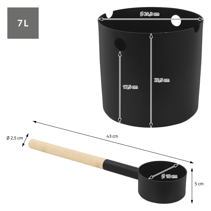 LuxeBath | Sauna Zubehör Set 2 tlg aus Aluminium Schwarz Saunaaufguss Set modern Aufgusseimer 7L mit Saunakelle Saunaeimer mit Schöpfkelle für Zuhause