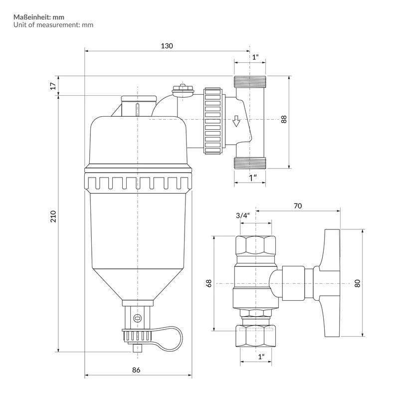 Magnetischer Schlammabscheider 1" auf 3/4" mit Absperrventilen Magnet Filter LuxeBath