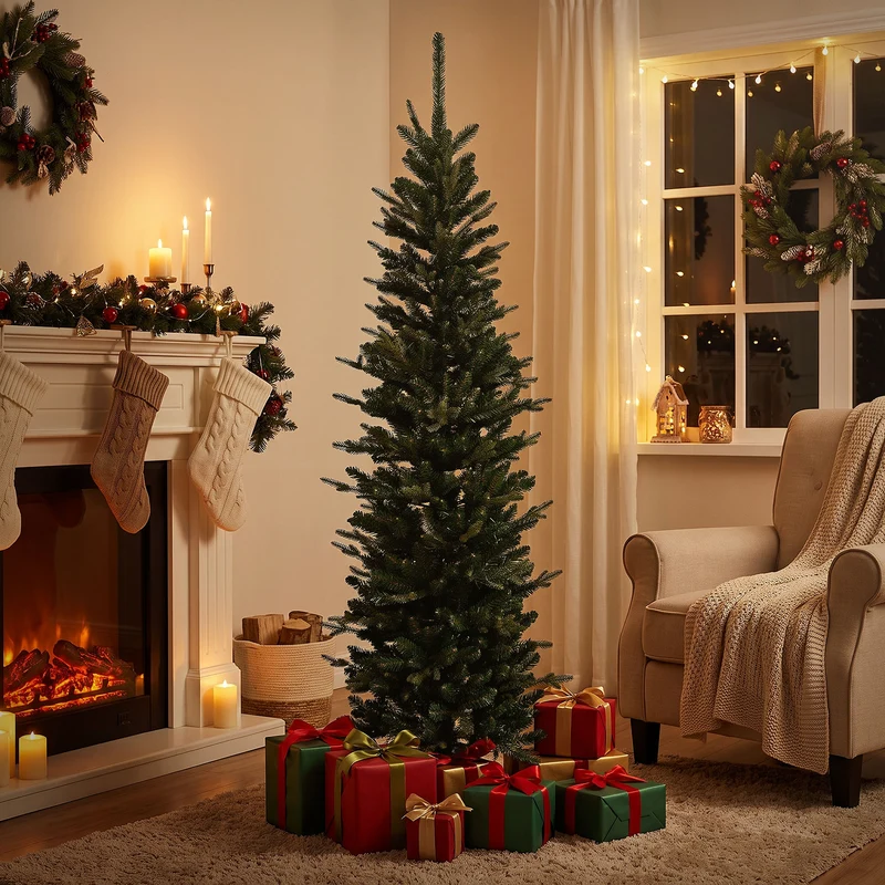 ECD Germany | Künstlicher Weihnachtsbaum Naturgetreu 150 cm Kunststoff Grün Tannenbaum Christbaum mit Standfuß Weihnachtsdeko Innen Kunstbaum schmal
