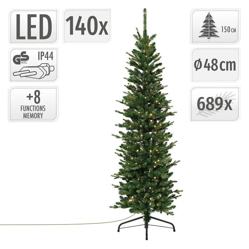 ECD Germany | Künstlicher Weihnachtsbaum Naturgetreu mit Lichterkette 150 cm Grün Tannenbaum mit Standfuß Weihnachtsdeko Christbaum schmal 689 Spitzen