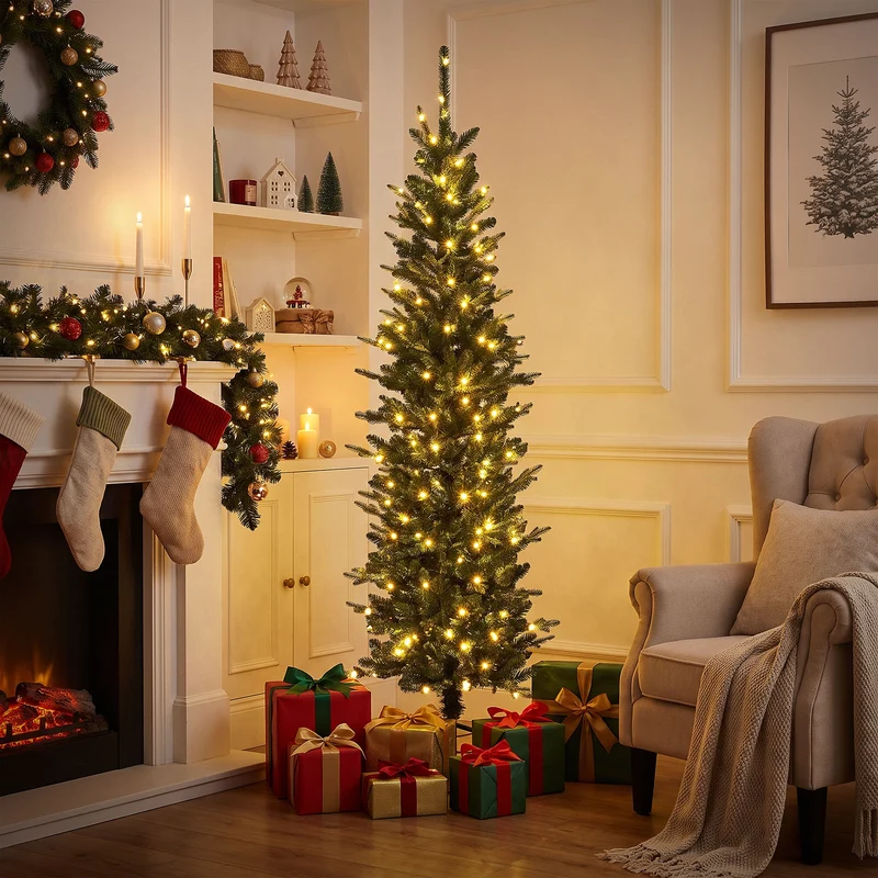 ECD Germany | Künstlicher Weihnachtsbaum Naturgetreu mit Lichterkette 180 cm Grün Tannenbaum mit Standfuß Weihnachtsdeko Christbaum schmal 933 Spitzen