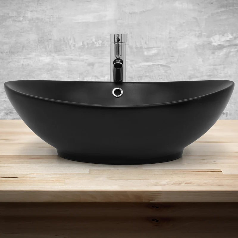 Waschbecken Oval mit Überlauf 59x38x19 cm Schwarz aus Keramik LuxeBath