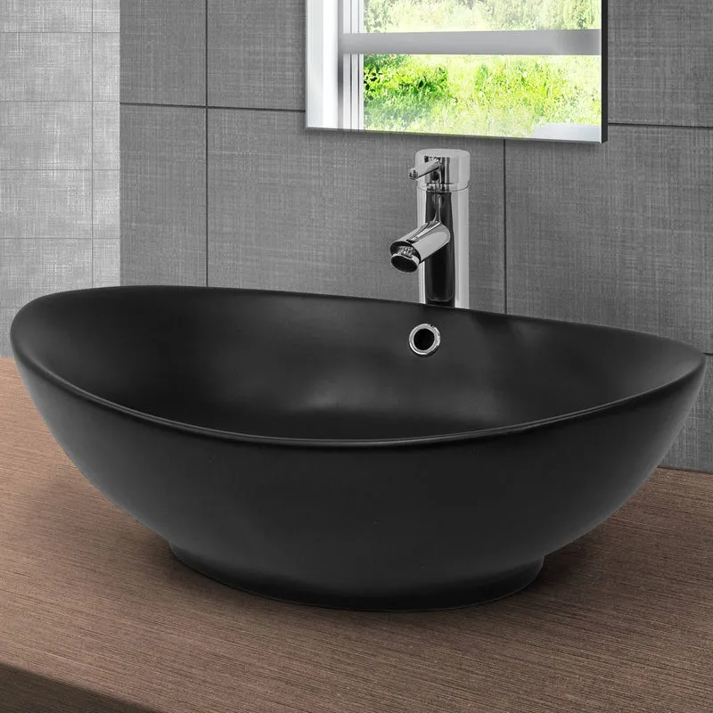 Waschbecken inkl. Ablaufgarnitur Schwarz mit Überlauf 59x38x19 cm Schwarz aus Keramik LuxeBath