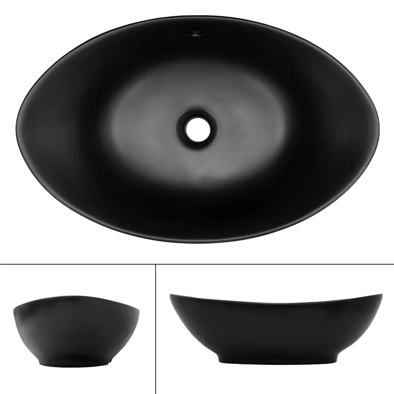 Waschbecken inkl. Ablaufgarnitur Schwarz mit Überlauf 59x38x19 cm Schwarz aus Keramik LuxeBath