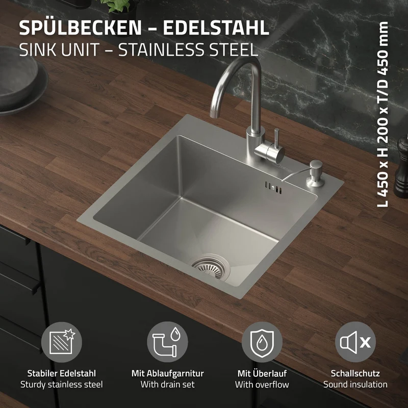 Einbauspüle 45x45 cm Silber mit Ablaufgarnitur und Überlauf aus Edelstahl ML-Design