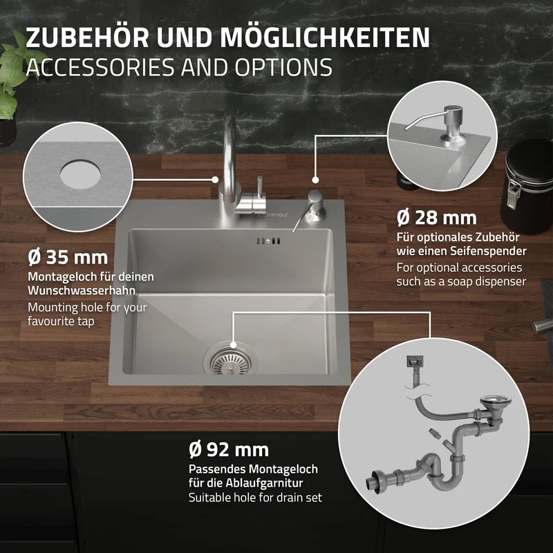 Einbauspüle 45x45 cm Silber mit Ablaufgarnitur und Überlauf aus Edelstahl ML-Design