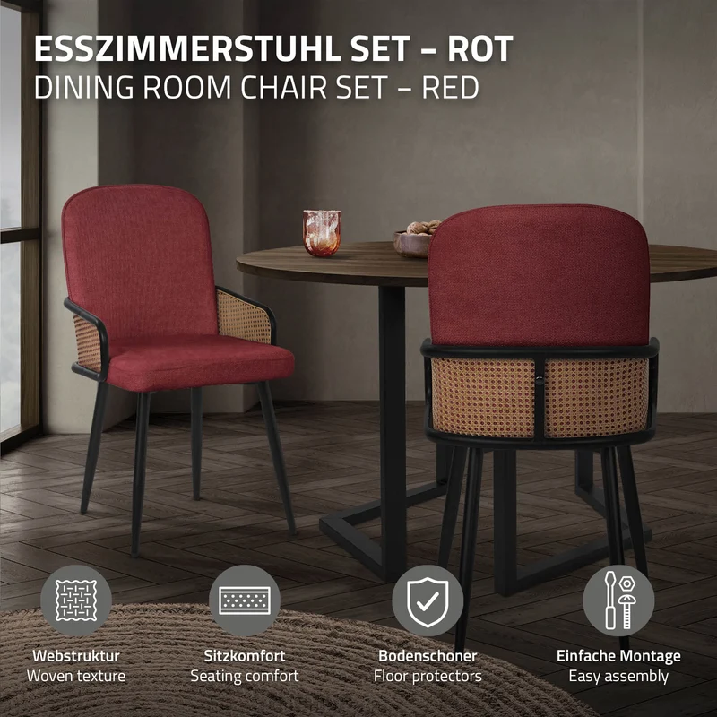 Esszimmerstühle 6er Set Rot mit Arm- & Rückenlehne, Polsterstühle für Esszimmer & Küche ML-Design
