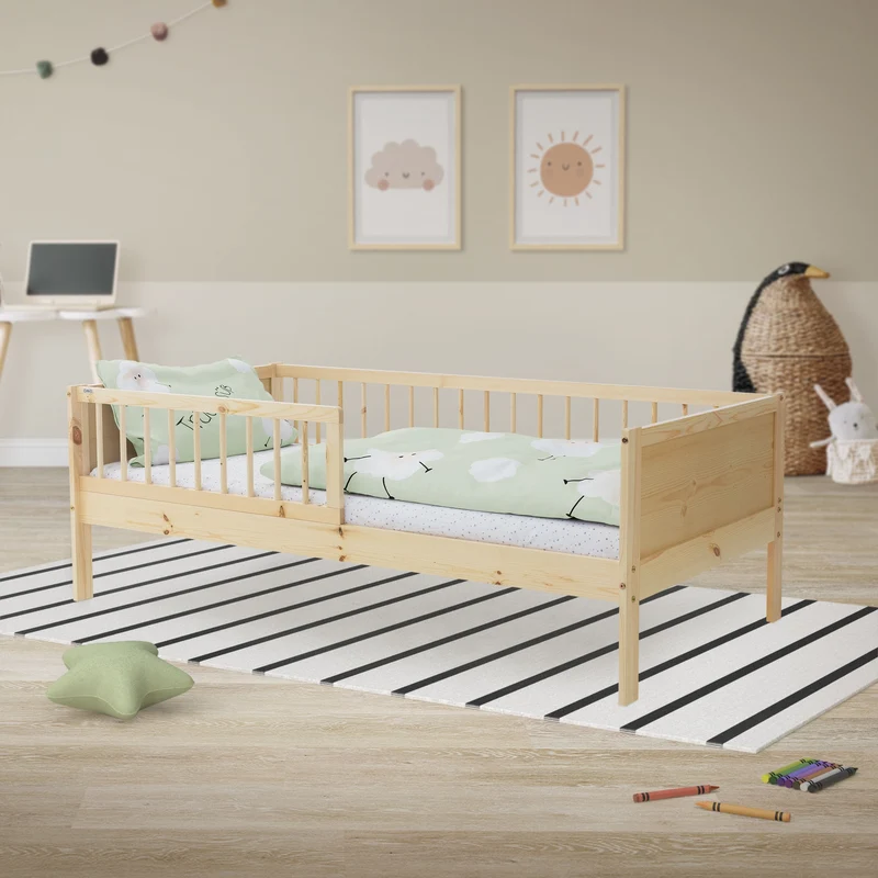 Kinderbett 80x160 cm mit Lattenrost und Rausfallschutz Natur Kiefernholz ML-Design