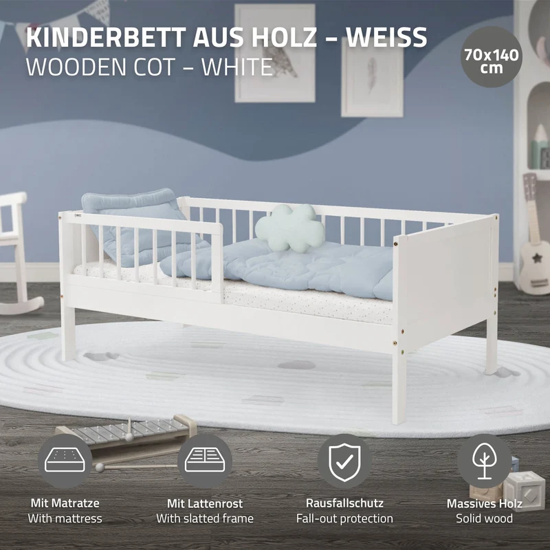 Kinderbett 70x140 cm mit Matratze, Lattenrost und Rausfallschutz in Weiß ML-Design