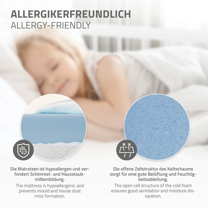 Kinderbett 70x140 cm mit Matratze, Lattenrost und Rausfallschutz in Weiß ML-Design