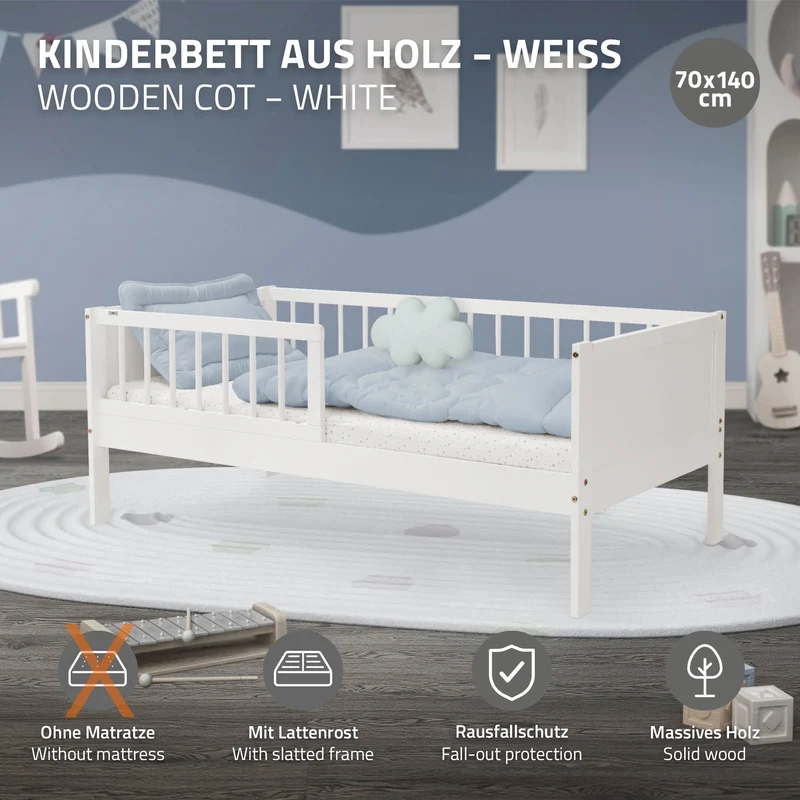 Kinderbett 70x140 cm mit Lattenrost und Rausfallschutz Weiß Kiefernholz ML-Design