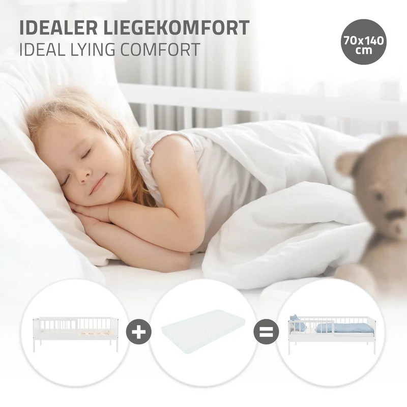 Kinderbett 70x140 cm mit Lattenrost und Rausfallschutz Weiß Kiefernholz ML-Design