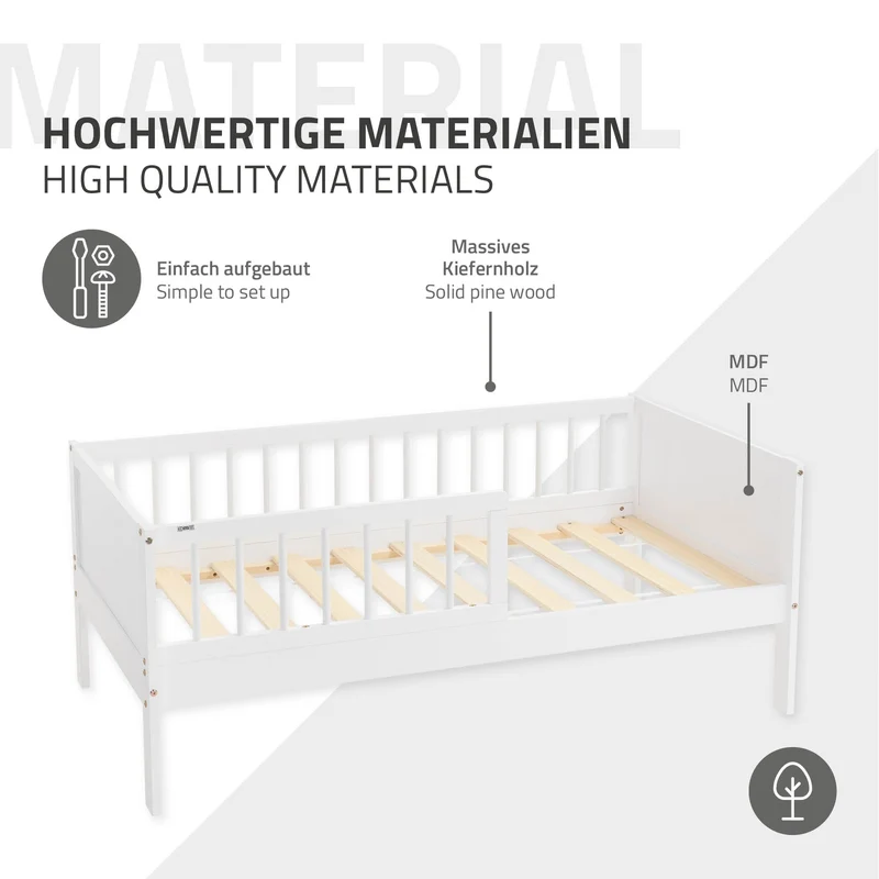 Kinderbett 70x140 cm mit Lattenrost und Rausfallschutz Weiß Kiefernholz ML-Design