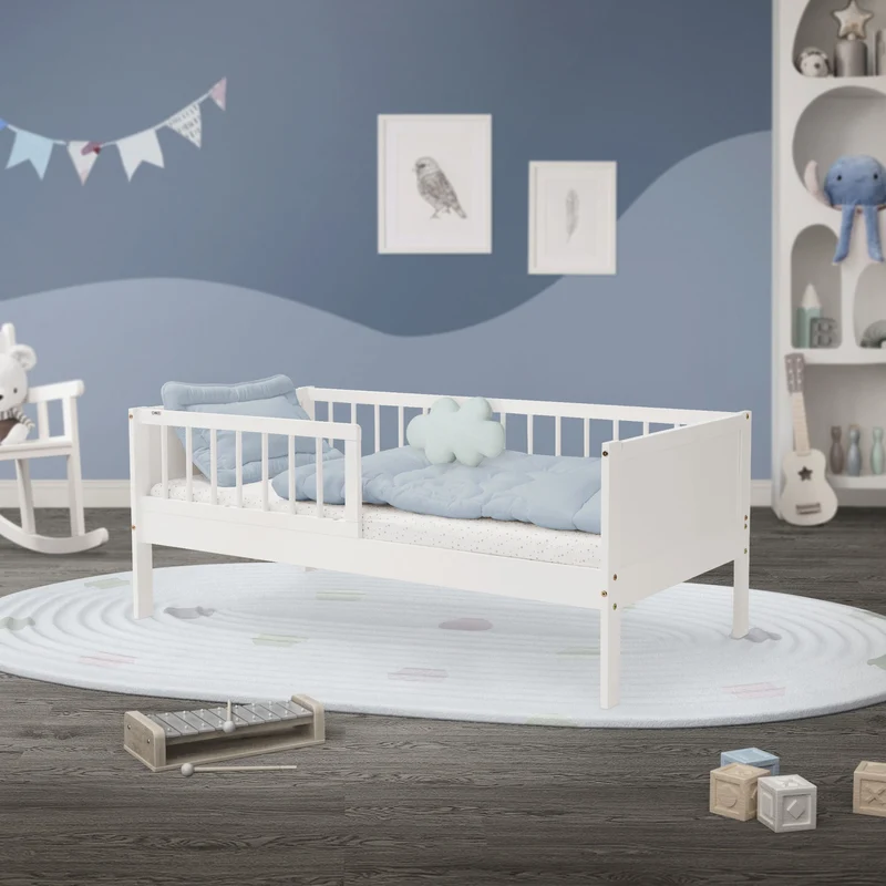 Kinderbett 70x140 cm mit Lattenrost und Rausfallschutz Weiß Kiefernholz ML-Design