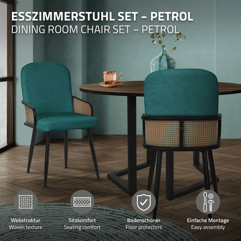 Esszimmerstühle 6er Set Petrol mit Arm- & Rückenlehne, Polsterstühle für Esszimmer & Küche ML-Design