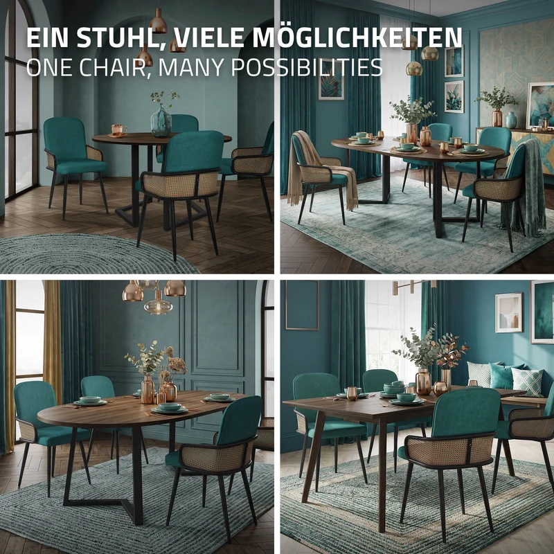 Esszimmerstühle 6er Set Petrol mit Arm- & Rückenlehne, Polsterstühle für Esszimmer & Küche ML-Design