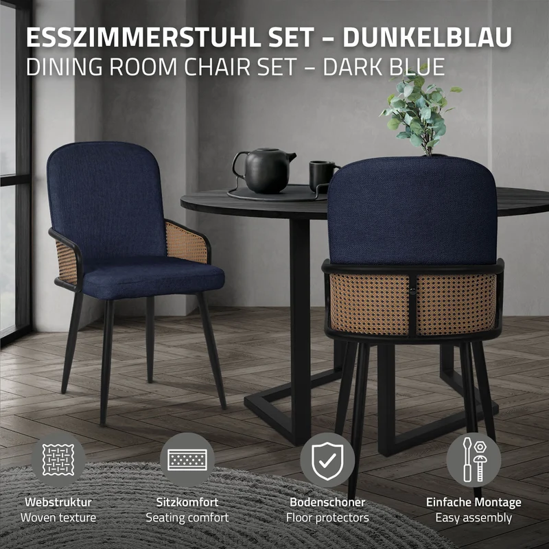 Esszimmerstühle 6er Set Dunkelblau mit Arm- & Rückenlehne, Polsterstühle für Esszimmer & Küche ML-Design