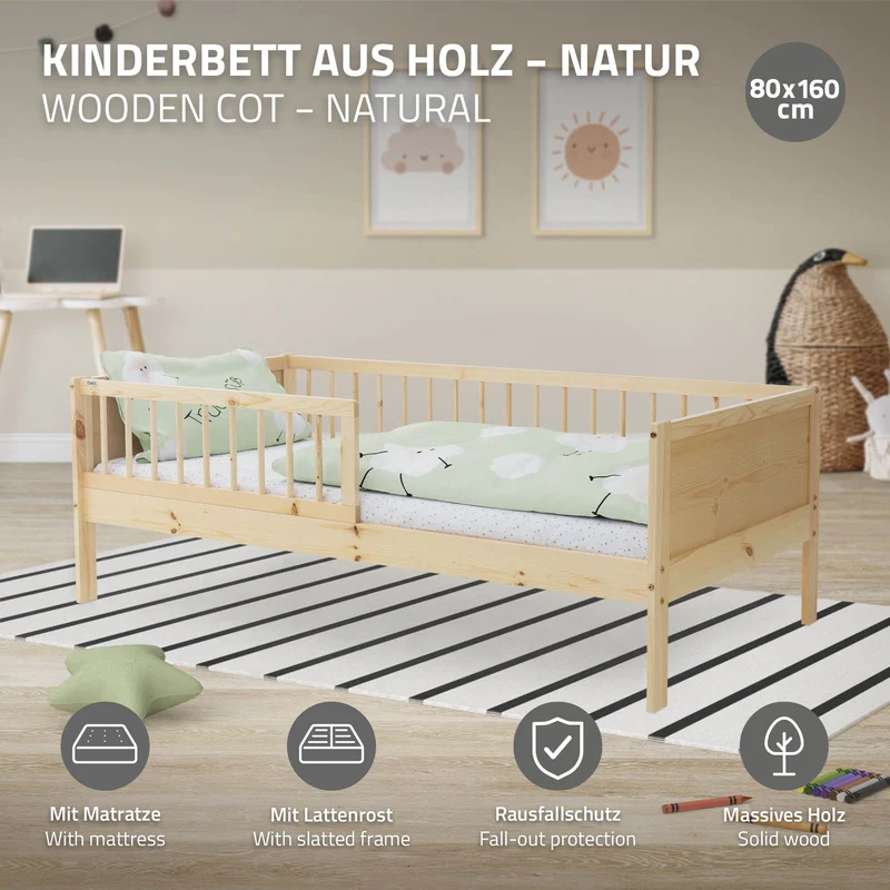 Kinderbett 80x160 cm mit Matratze, Lattenrost und Rausfallschutz in Natur ML-Design