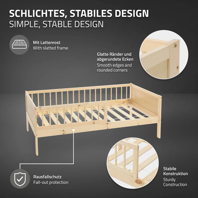 Kinderbett 80x160 cm mit Matratze, Lattenrost und Rausfallschutz in Natur ML-Design