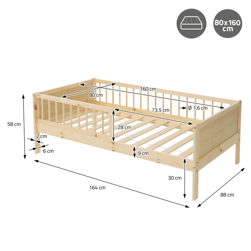 Kinderbett 80x160 cm mit Matratze, Lattenrost und Rausfallschutz in Natur ML-Design
