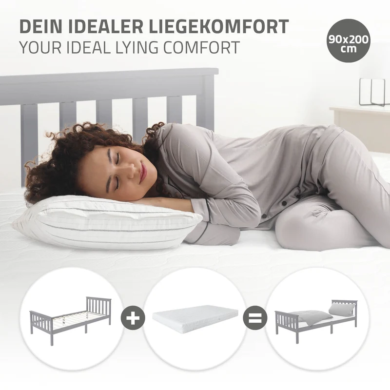 Bettgestell Einzelbett 90x200cm aus Kiefernholz in Hellgrau mit Lattenrost ML-Design