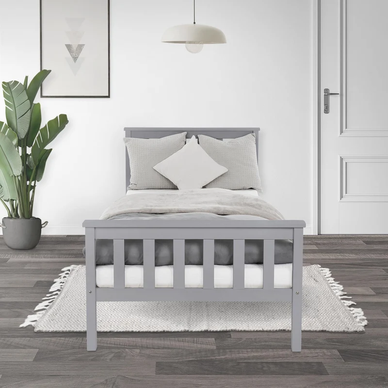 Bettgestell Einzelbett 90x200cm aus Kiefernholz in Hellgrau mit Lattenrost ML-Design