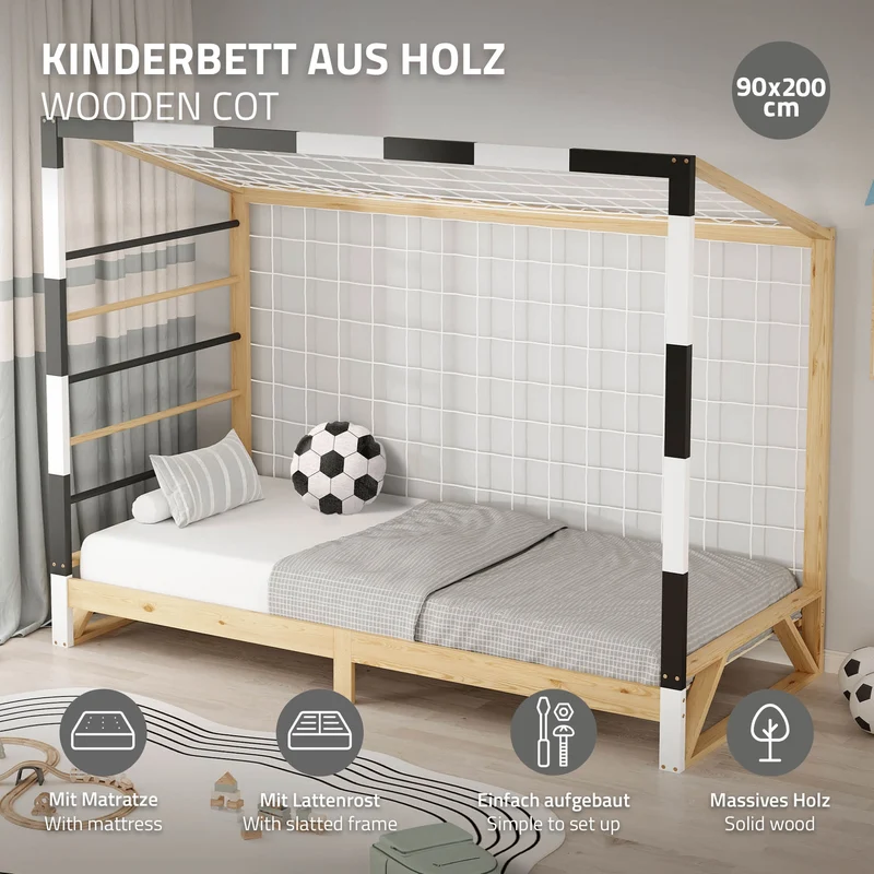 ML-Design | Kinderbett Fußballtor mit Matratze H:10cm, 90x200 cm aus massivem Kiefernholz Holzbett mit Lattenrost & Tornetz Handballtor