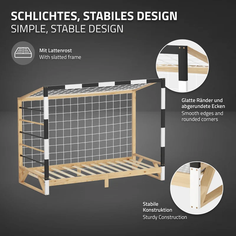 ML-Design | Kinderbett Fußballtor mit Matratze H:10cm, 90x200 cm aus massivem Kiefernholz Holzbett mit Lattenrost & Tornetz Handballtor