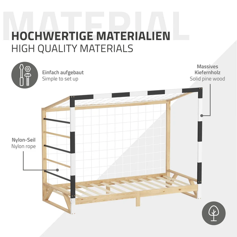 ML-Design | Kinderbett Fußballtor mit Matratze H:10cm, 90x200 cm aus massivem Kiefernholz Holzbett mit Lattenrost & Tornetz Handballtor