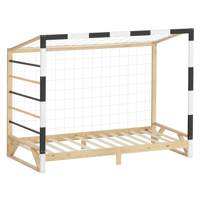 ML-Design | Kinderbett Fußballtor 90x200 cm aus massivem Kiefernholz Holzbett mit Lattenrost & Tornetz Handballtor