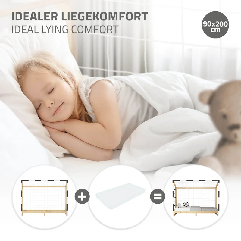 ML-Design | Kinderbett Fußballtor 90x200 cm aus massivem Kiefernholz Holzbett mit Lattenrost & Tornetz Handballtor
