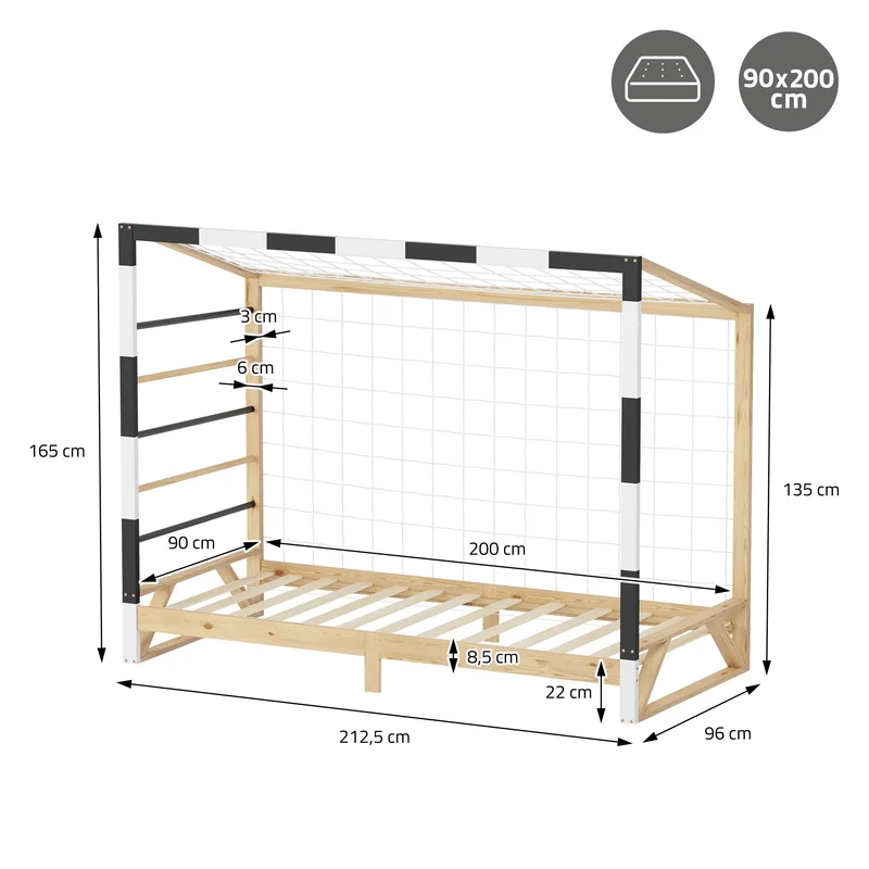 ML-Design | Kinderbett Fußballtor 90x200 cm aus massivem Kiefernholz Holzbett mit Lattenrost & Tornetz Handballtor