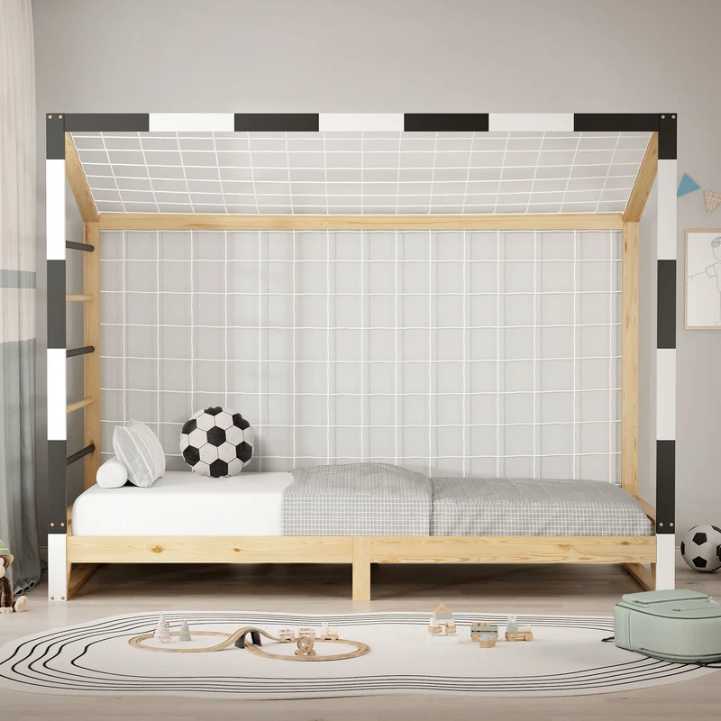 ML-Design | Kinderbett Fußballtor 90x200 cm aus massivem Kiefernholz Holzbett mit Lattenrost & Tornetz Handballtor