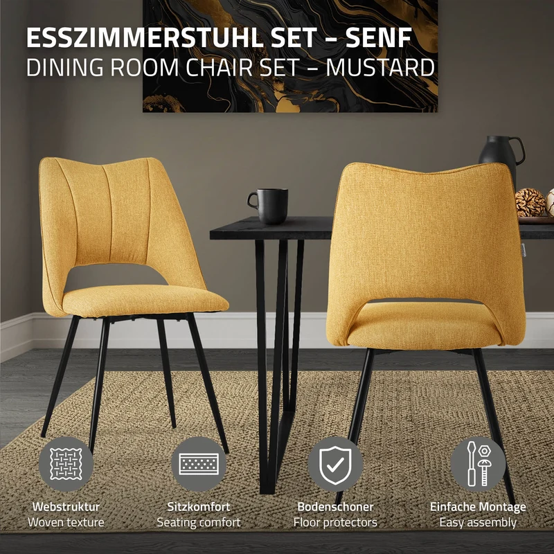 Esszimmerstuhl 2er Set Senfgelb gepolstert inkl. Montagematerial Polsterstuhl Küchenstuhl ML-Design