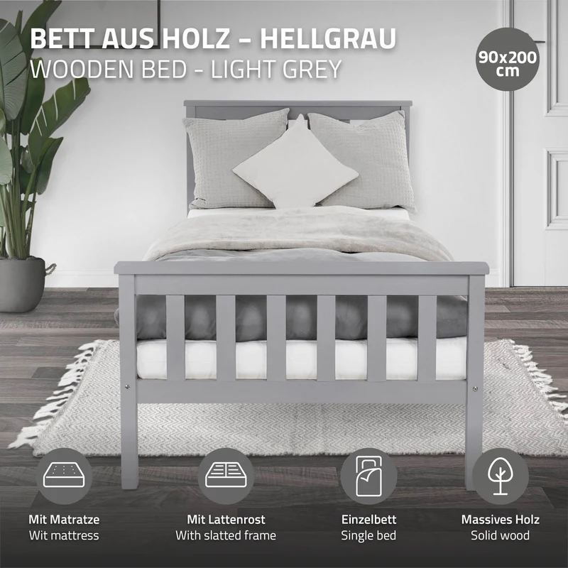 Bettgestell Einzelbett 90x200cm aus Kiefernholz in Hellgrau mit Lattenrost & Matratze H-10cm ML-Design