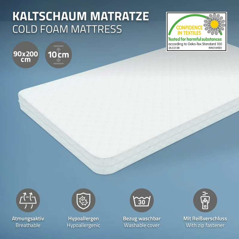 Bettgestell Einzelbett 90x200cm aus Kiefernholz in Hellgrau mit Lattenrost & Matratze H-10cm ML-Design
