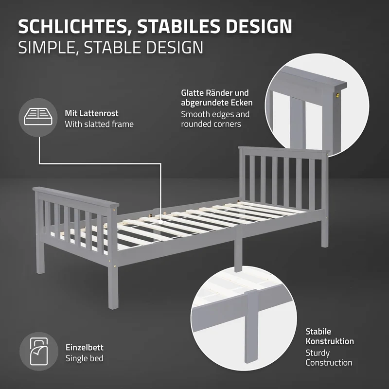 Bettgestell Einzelbett 90x200cm aus Kiefernholz in Hellgrau mit Lattenrost & Matratze H-10cm ML-Design