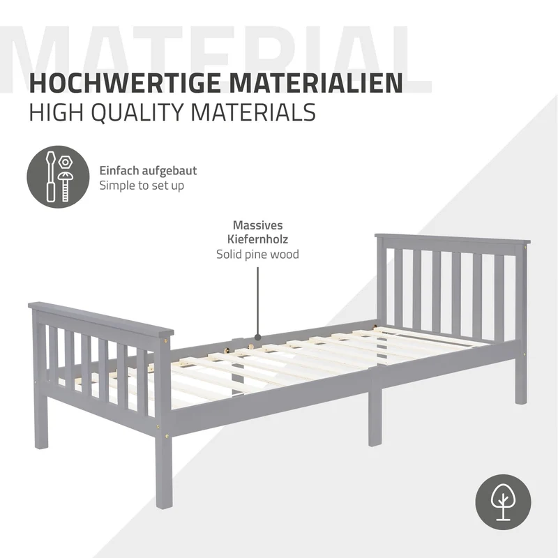 Bettgestell Einzelbett 90x200cm aus Kiefernholz in Hellgrau mit Lattenrost & Matratze H-10cm ML-Design
